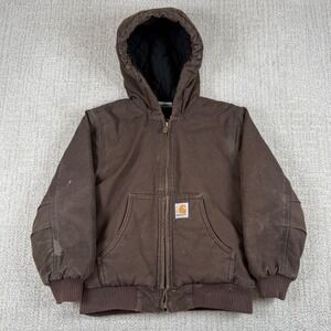 Carhartt Kids Size XS (6) Brown Canvas Quilted Lined Distressed Hooded Jacket